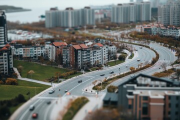Naklejka premium A panoramic view of a curved road winding through contemporary residential complexes bordered by trees, exuding a sense of urban planning and tranquility.