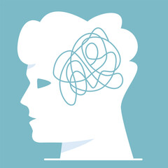 Mental health concept.Head with messy thoughts.Emotional burnout and other psychological problems.Depressed people with mental disorder.Vector illustration.