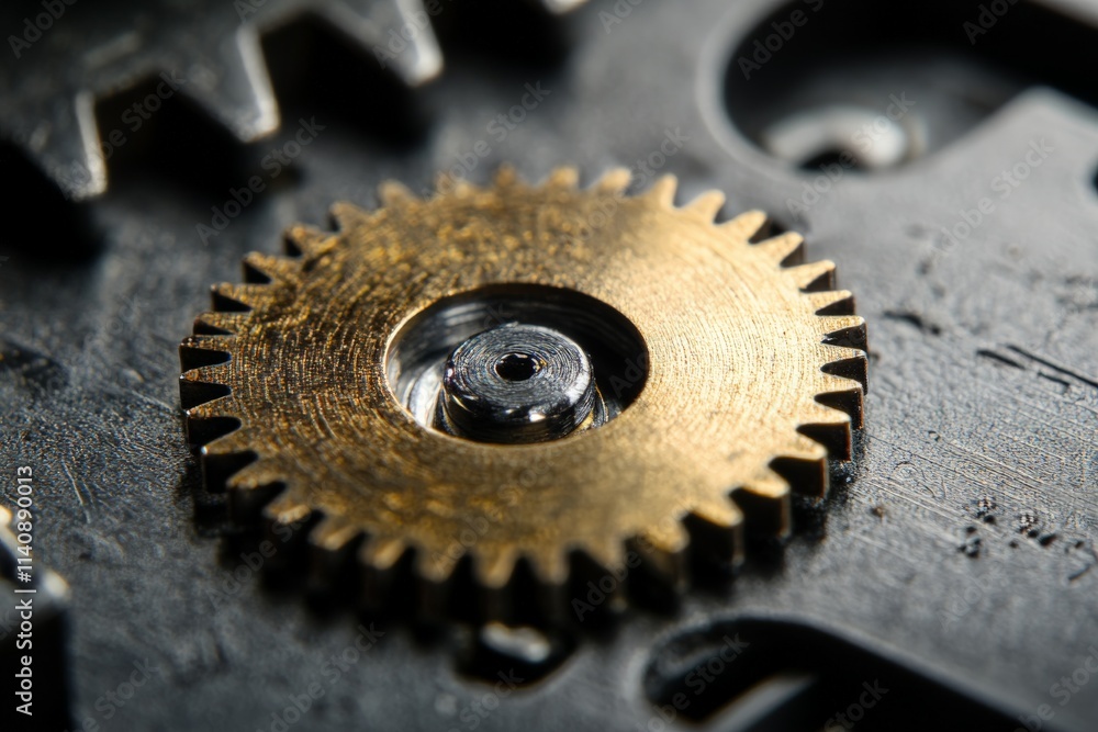 Aufkleber macro photograph showcasing a gleaming metallic gear, emphasizing its intricate design, shine, and m