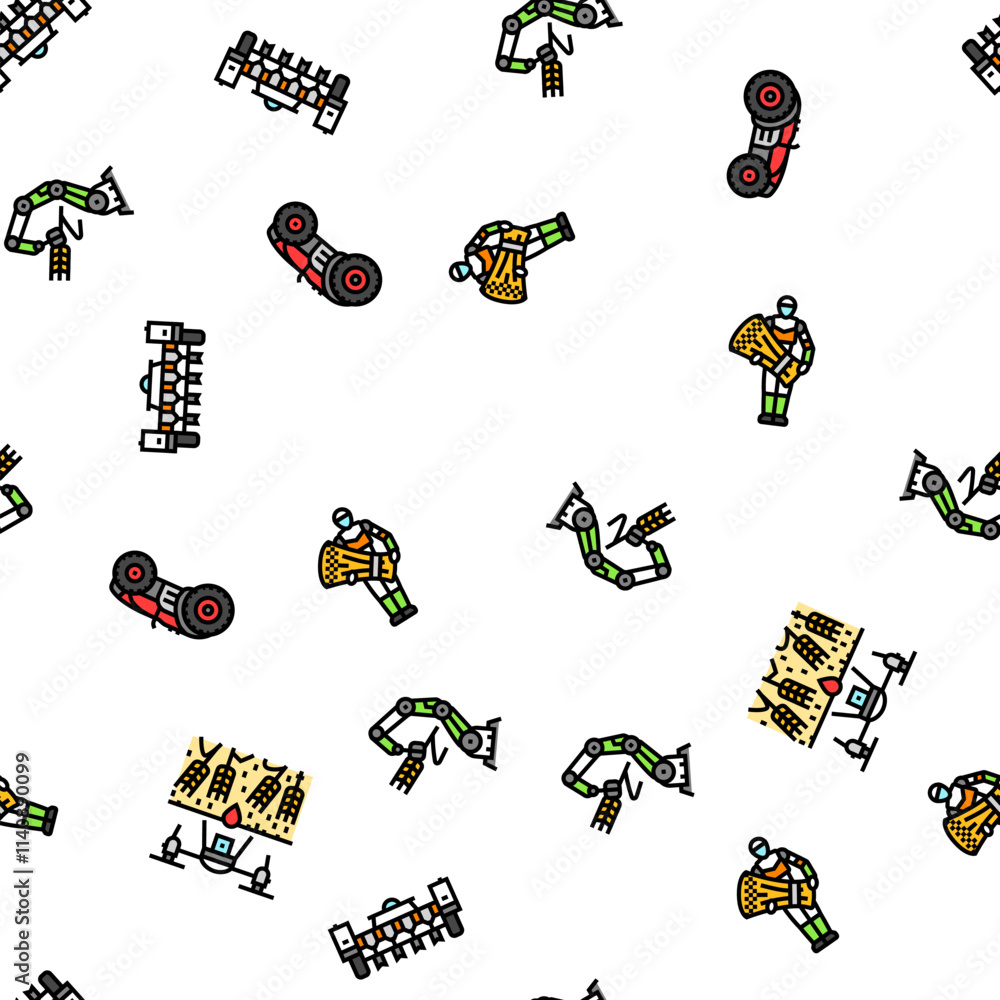 Poster robot harvests automation vector seamless pattern thin line illustration