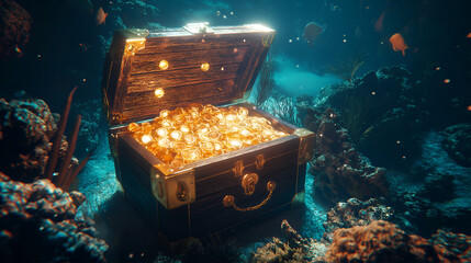 Open treasure chest with bright gold underwater