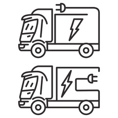 Electric plug in truck icon.Electric truck.Eco power.Green energy.Mobile filling station.Eco power vehicle transport.Electric vehicle power charging.Cargo car shipping and logistics.Outline vector.