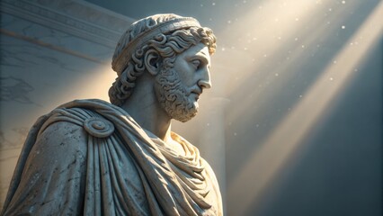 Obraz premium Illuminated Roman Bust Marble Sculpture, Draped Clothing, Divine Light, Ancient History. Roman statue, classical art