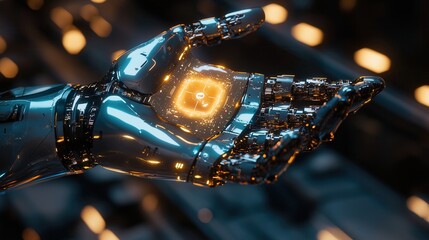 Futuristic robotic hand displays glowing hologram high-tech lab digital art sci-fi environment close-up view innovation concept