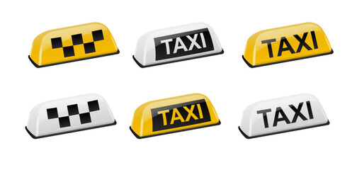 3d Realistic Taxi Car Roof Sign Icon Set Closeup Isolated. Yellow French Taxi Sign Design. Template for Taxi Service. Vector © YURII