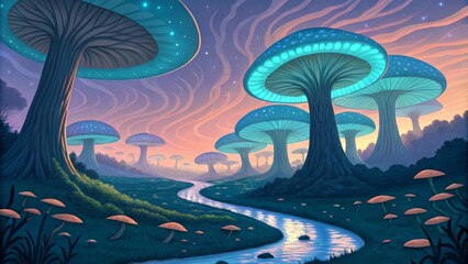 Glowing Mushroom Forest Digital Painting, Fantasy Landscape, River, Sunset, Digital Art, Glowing Fungi Fantasy Art, Surrealism