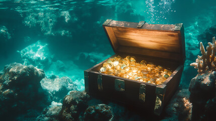 Open treasure chest with bright gold underwater
