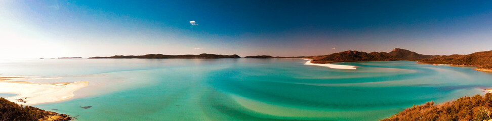 Fototapeta premium Whitehaven Beach aerial view. Panorama from a drone viewpoint. Whitsunday Islands, Australia