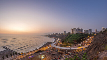 Fototapeta premium Aerial view of Lima's Coastline in the neighborhood of Miraflores day to night timelapse, Lima, Peru