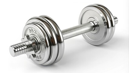 Naklejka premium Chrome Dumbbell 3D Render, Fitness Equipment, Strength Training, Weightlifting, Gym Dumbbell, Fitness