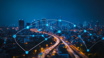Fototapeta premium Smart digital city with connection cyber security network reciprocity over the cityscape . future smart wireless digital city and social media networking systems that connects people within the city