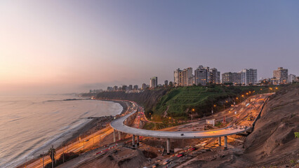 Aerial view of Lima's Coastline in the neighborhood of Miraflores day to night timelapse, Lima, Peru