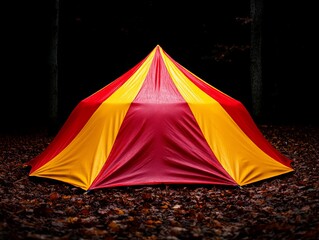 A red and yellow tent in the woods