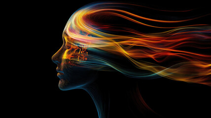 Obraz premium Illustration of abstract profile of a human head and consciousness with physical and chemical structures in the head, Person creative mind, Psychic waves concept, Generative AI illustration