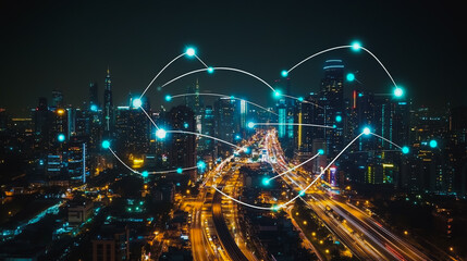 Obraz premium Smart digital city with connection cyber security network reciprocity over the cityscape . future smart wireless digital city and social media networking systems that connects people within the city