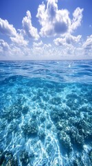 Fototapeta premium Clear turquoise water over coral reefs under a bright sky with clouds.