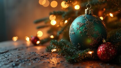 Obraz premium Festive Holiday Decorations With Glowing Lights and Christmas Ornaments