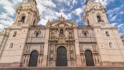 Fototapeta premium The Basilica Cathedral of Lima is a Roman Catholic cathedral located in the Plaza Mayor timelapse hyperlapse in Lima, Peru