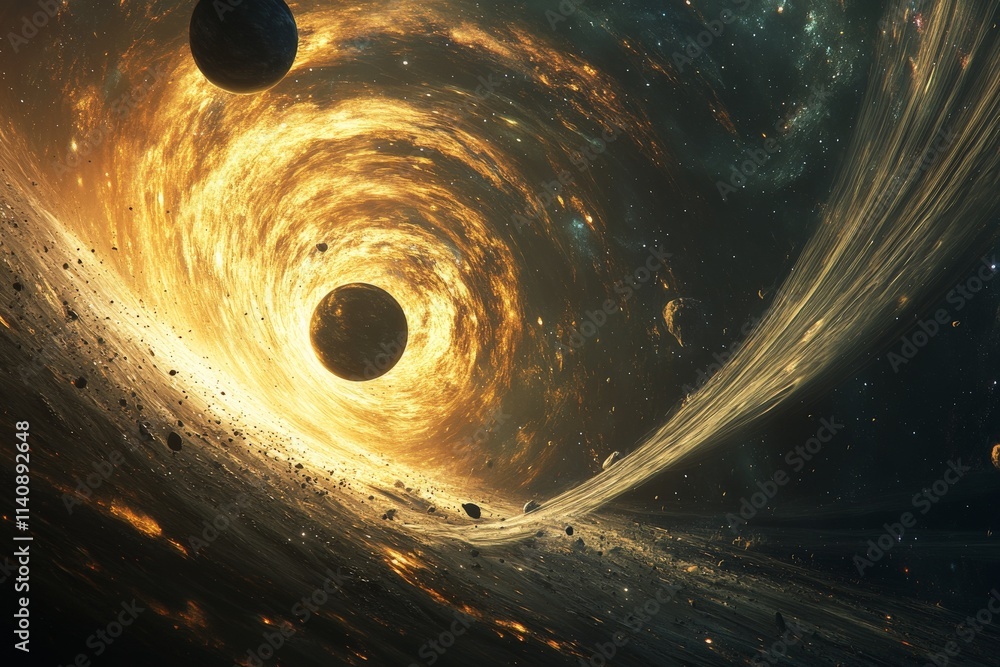 Poster a majestic depiction of planets dynamically spiraling around a black hole, highlighting the intrigue