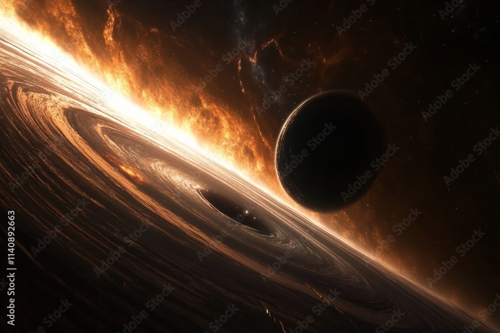 Poster an enigmatic scene capturing a dark planet on the brink of a black hole, igniting curiosity about th