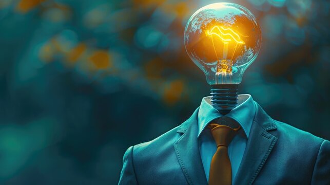 Idea Generation. Businessman with Bright Bulb Head and Yellow Lightning