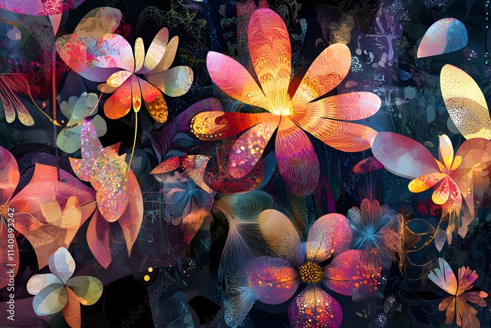 Poster illustration of a whimsical scene where flowers turn into abstract shapes and patterns, representing