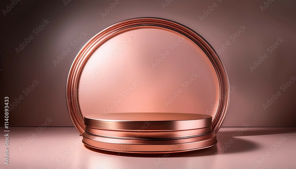 Poster rose gold and pink low platform in studio with metal round shelf shape form in the center on a clean