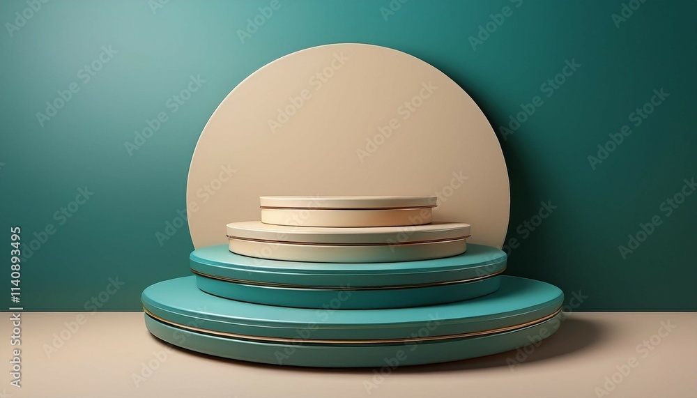 Poster teal green and beige low platforms in studio circular shape forms stacked shelf in the center on a c