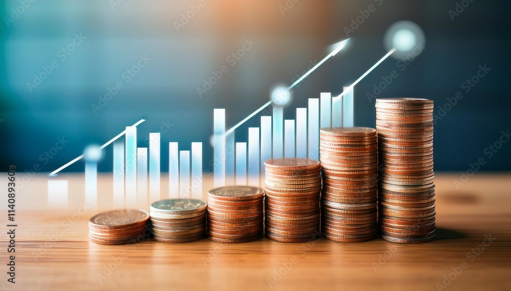 Poster stacks of coins with growing bar graph on wooden table background