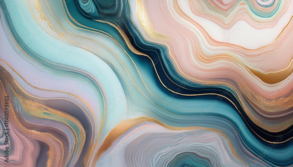 Poster abstract colorful agate marble background waves and swirls pattern in soft pastels with gold trim