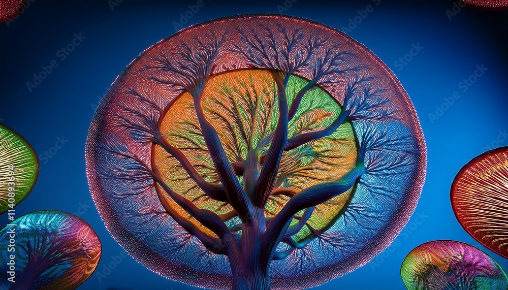 Poster whimsical colorful trees with circular canopies create a vibrant and playful scene against a dark bl