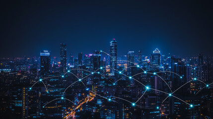 Fototapeta premium Smart digital city with connection cyber security network reciprocity over the cityscape . future smart wireless digital city and social media networking systems that connects people within the city