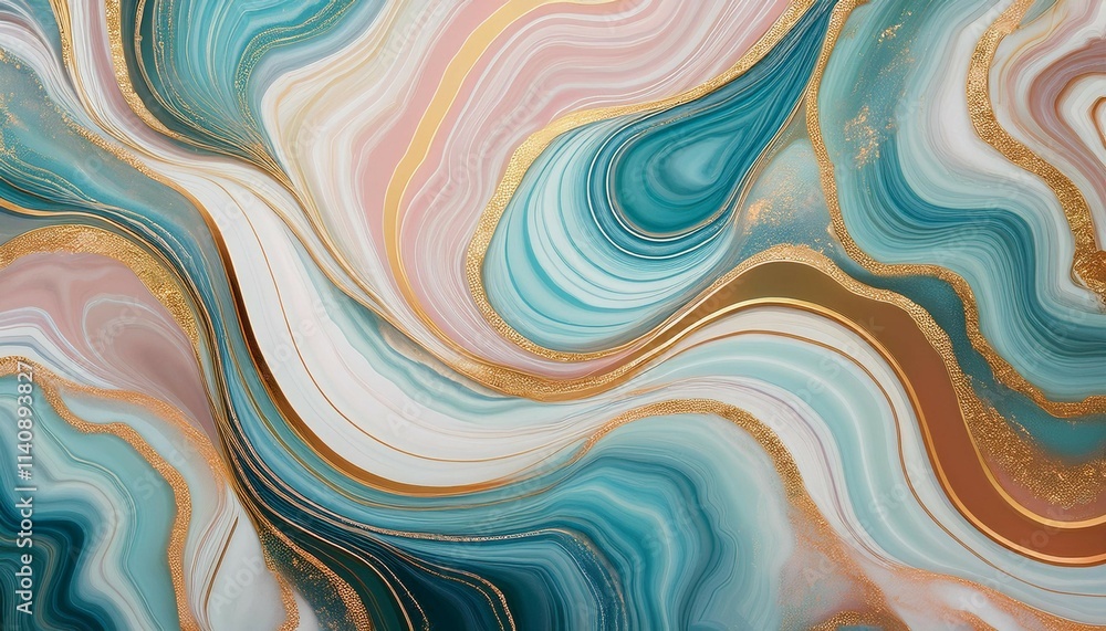 Aufkleber abstract colorful agate marble background waves and swirl patterns in soft pastels with gold trim