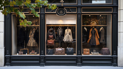 Luxury Parisian shopfront with fashion accessories in boutique window display, luxury, fashion, overprized, expensive, design, designer, handbag, store, shoes, dress, clothe, vintage, antique