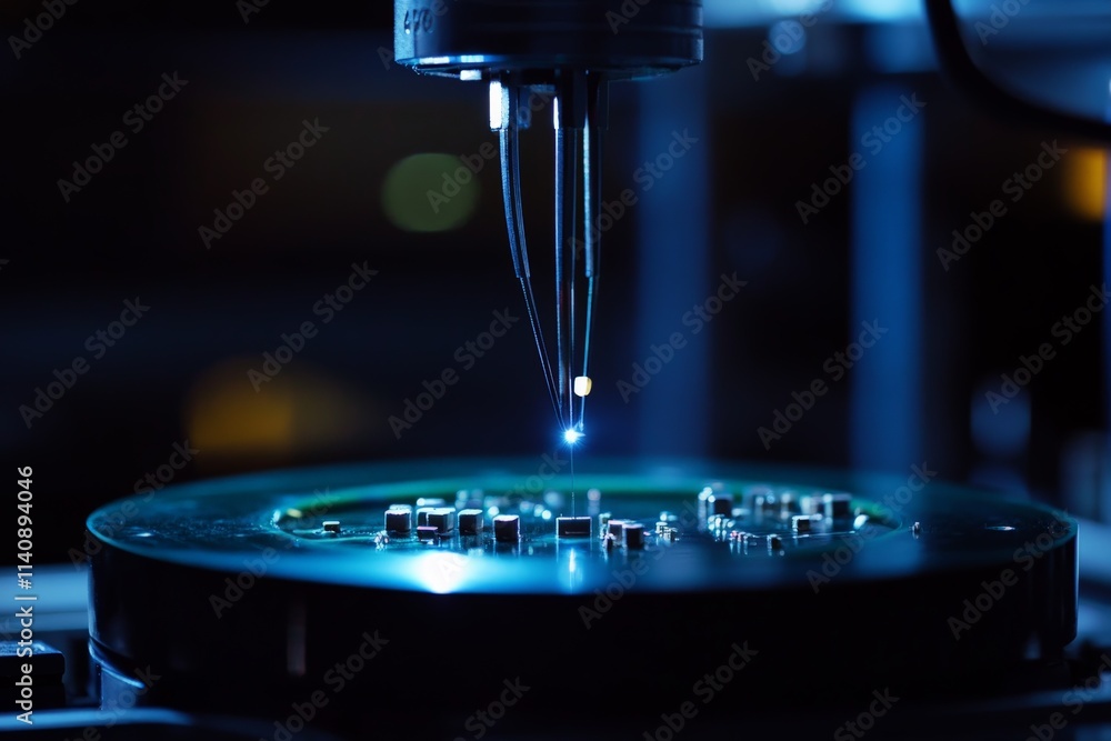 Poster an advanced electronic assembly process showcasing precision instruments that highlight the intricat