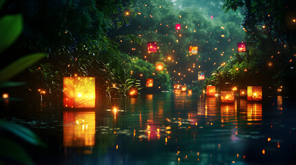 Obraz premium A Captivating Night Scene Featuring Colorful Floating Lanterns on a Serene Moonlit River Surrounded by Enchanting Nature