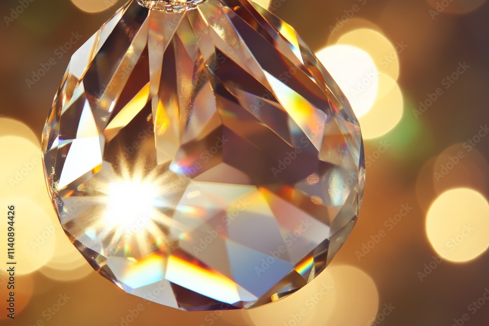 Poster a close-up of a crystal pendant, showcasing its intricate facets that reflect and refract light, cre