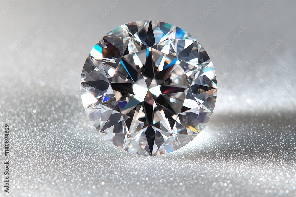 Poster a stunning round-cut diamond glistening on a soft, sparkly surface, capturing light in a way that re