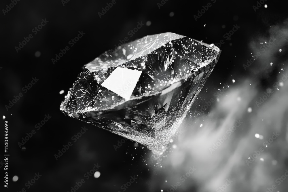 Poster This image portrays an elegant diamond in a blacklight setting, emphasizing its brilliance and unique beauty while surrounded by a cloud of sparkling dust, creating a dramatic effect.
