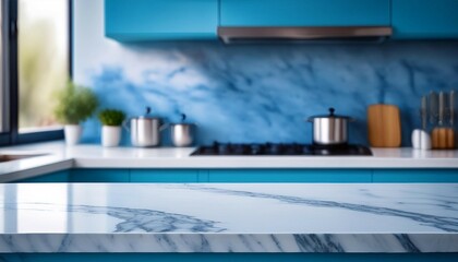 empty white marble counter top in modern kitchen blue color with blurred background high quality photo