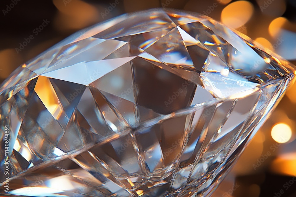 Poster This striking close-up image captures the glorious facets of a diamond, showing off its intricate cuts and the way it refracts light to create stunning visual effects.