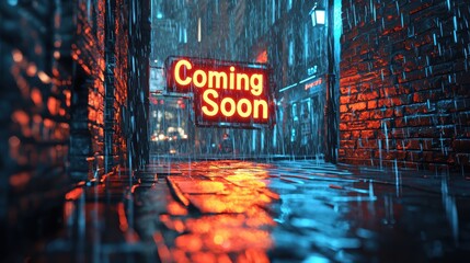 Cyberpunk Rainy Street Scene with Neon 'Coming Soon' Sign for Futuristic Design