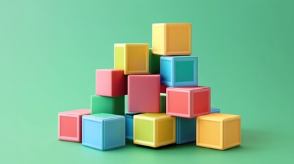Obraz premium Colorful Blocks Stacked on Green Background: A Playful 3D Render
