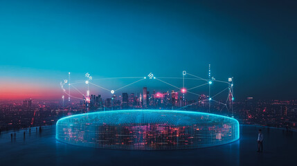 Fototapeta premium Smart digital city with connection cyber security network reciprocity over the cityscape . future smart wireless digital city and social media networking systems that connects people within the city