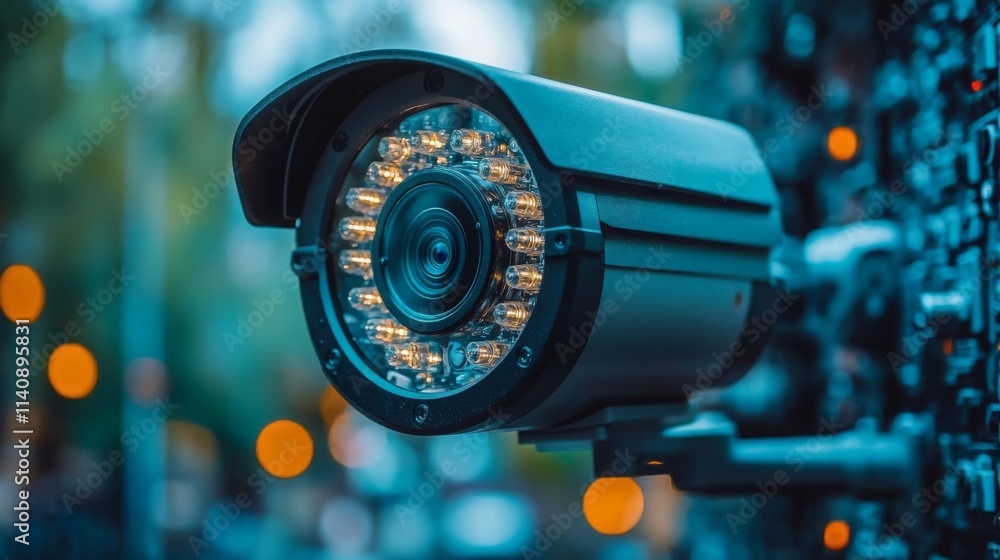 Poster a security camera monitoring public space with led lights during evening hours