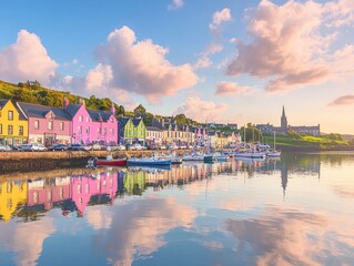 Fototapeta premium Colorful waterfront houses reflected in calm water at sunset.