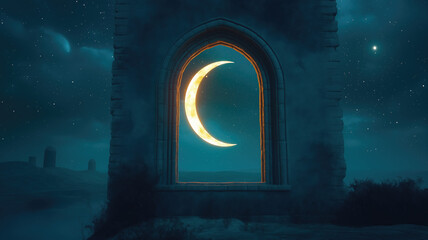 Obraz premium Mystical window with crescent moon in night sky. generative Ai