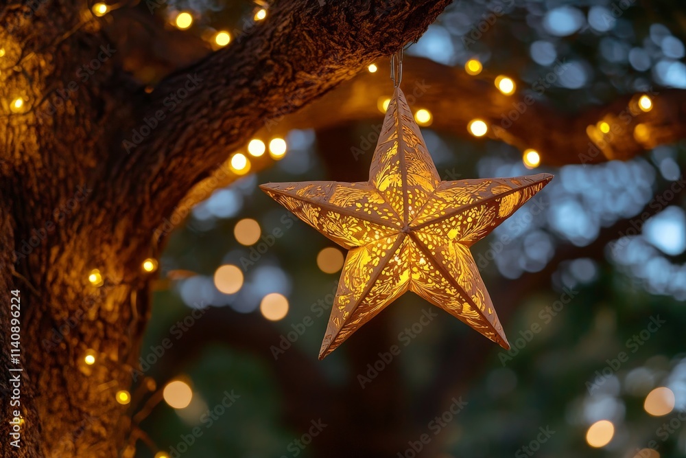 Aufkleber an enchanting star decoration adorned with twinkling lights, hanging from a tree branch and radiatin