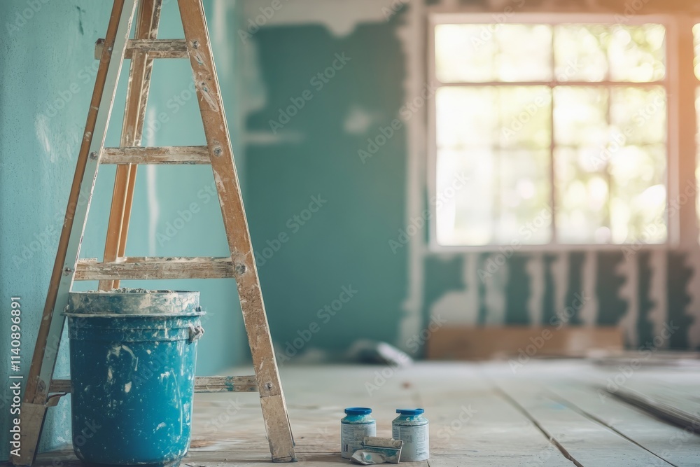 Poster this serene image depicts a ladder and a paint bucket positioned in a renovation space, representing