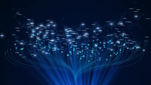 Growing Neural Network Web Connected Nodes Connections. AI, Computer Algorithms, 3D 4K Artificial Intelligence Language Model Chatbot, technology concept ai big brain data tech futuristic future mind